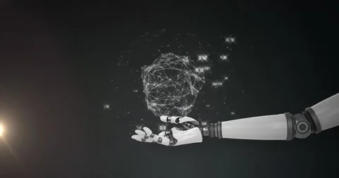 Animation of network of processing data over hand of robot arm, on black Stock Footage 328460584