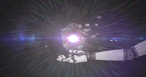 Animation of network processing data over hand of robot arm, with prismatic Stock Footage 330724065