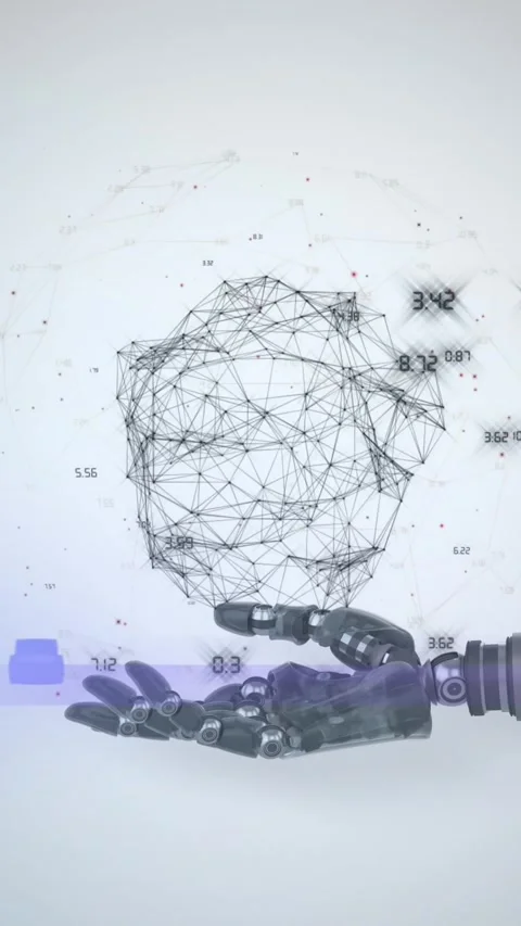 Animation of network processing data over hand of robot arm, with moving light Stock Footage 344557410