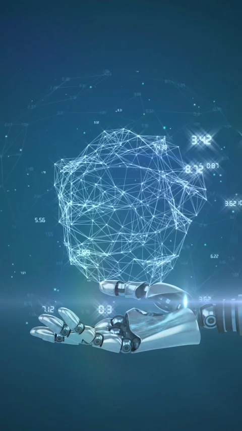 Animation of network processing data over hand of robot arm, with moving light Stock Footage 344595511