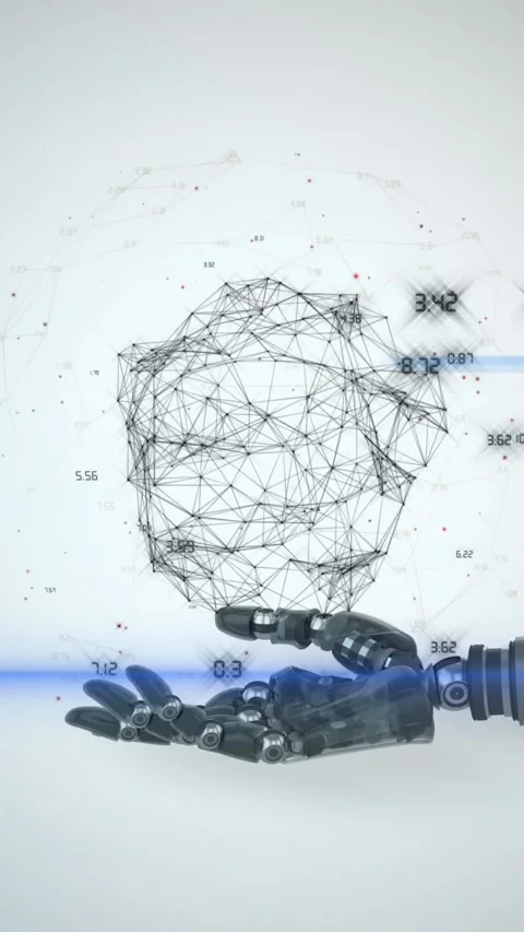 Animation of network of processing data over hand of robot arm, with blue light Stock Footage 344614305