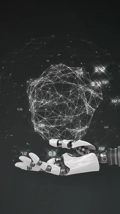 Animation of network of processing data over hand of robot arm, on black Stock Footage 344614308