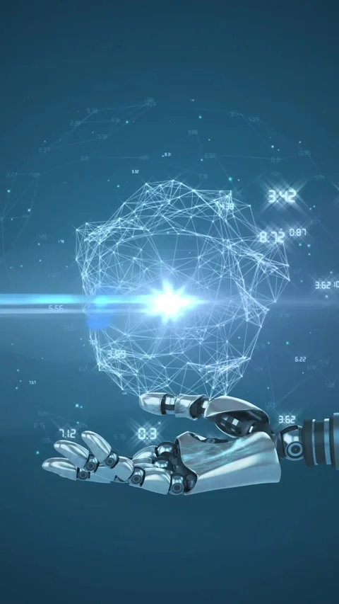 Animation of network processing data over hand of robot arm, with moving light Stock Footage 344722994
