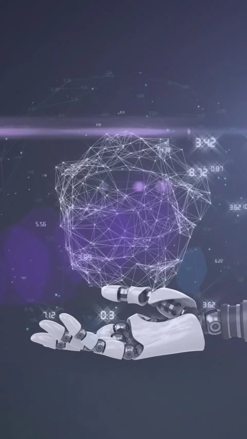 Animation of network of processing data over hand of robot arm, with moving Stock Footage 344745810