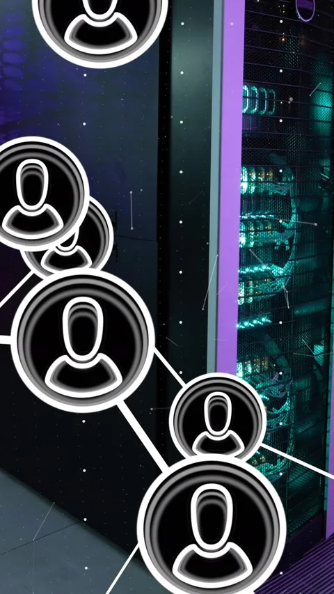 Animation of network of profile icons against computer server room Stock Footage 342612925