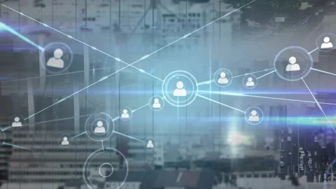 Animation of network of profile icons and blue light spot against aerial view of 動画素材 238882496