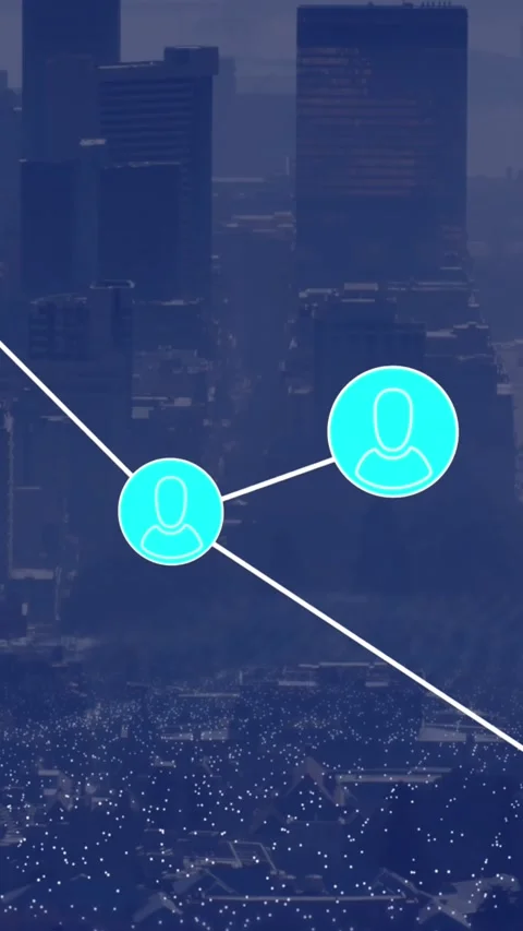 Animation of network of profile icons and dots pattern against aerial view of Video stock 321580599