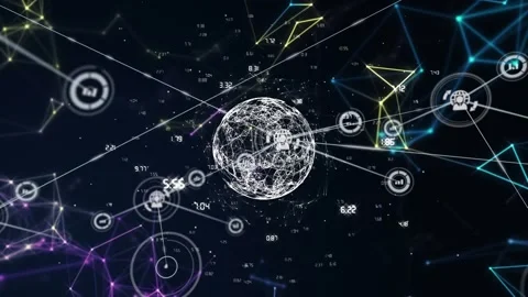 Animation of network of profile icons and colorful plexus networks against Stock Footage 327196131
