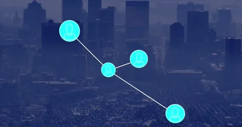 Animation of network of profile icons and dots pattern against aerial view of Video stock 328836762