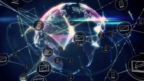 Animation of network of profile icons and globe of plexus networks spinning Stock Footage 329310739