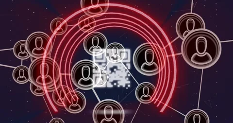 Animation of network of profile icons and qr code scanner against dots pattern Stock Footage 329696930