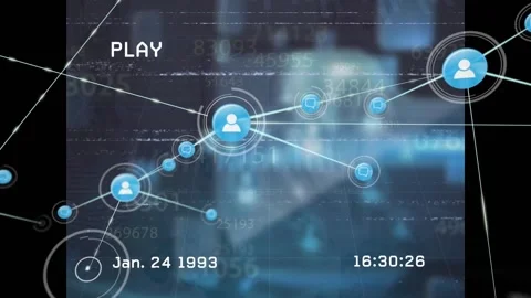 Animation of network of profile icons and vhs glitch effect over changing Stock Footage 329850163