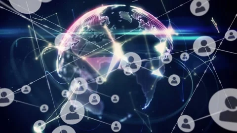 Animation of network of profile icons and globe of plexus networks spinning Stock Footage 329859103