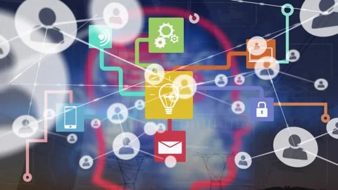 Animation of network of profile icons and data processing over human head model Stock Footage 330052289