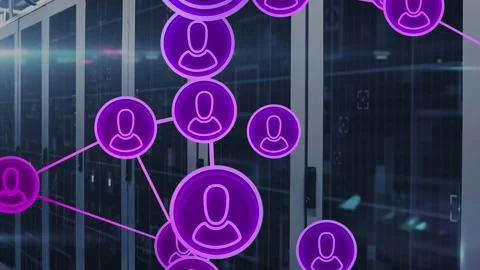 Animation of network of profile icons and light spot against computer server Видео 330179666