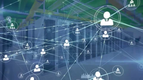 Animation of network of profile icons and data processing against computer Stock Footage 330337134