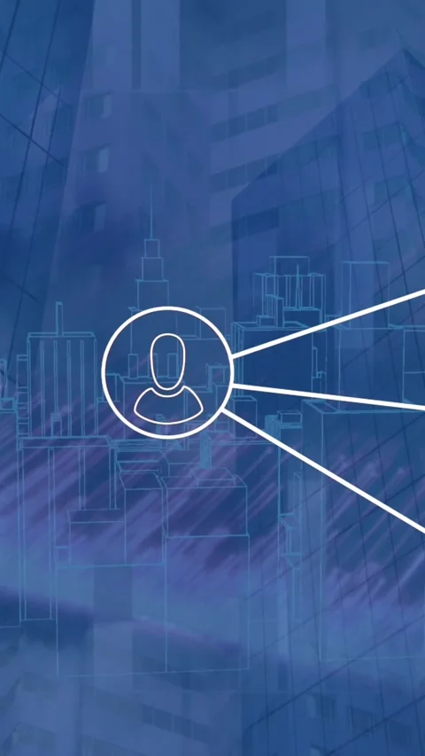 Animation of network of profile icons and light trails over 3d city model Stock Footage 341976698