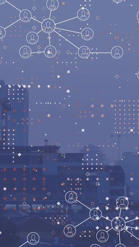 Animation of network of profile icons and dots pattern against aerial view of Stock Footage 344706234