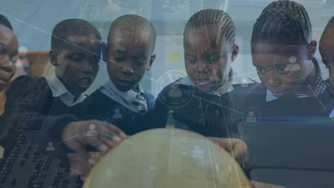 Animation of network of profile icons over african american boys touching a 스톡 동영상 202074088