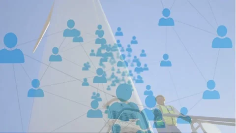 Animation of network of profile icons over male architect standing on a windmill Stock Footage 202634291