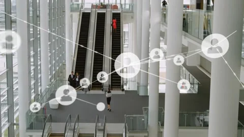 Animation of network of profile icons over aerial view of escalators at modern Stock Footage 229838468