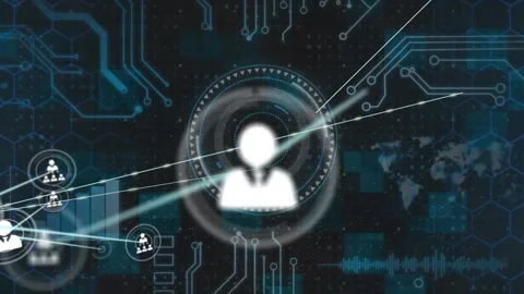 Animation of network of profile icons over round scanner and microprocessor Stock Footage 234238076