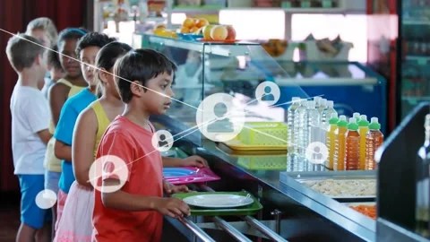 Animation of network of profile icons over students in a queue being served meal Stock Footage 252009896