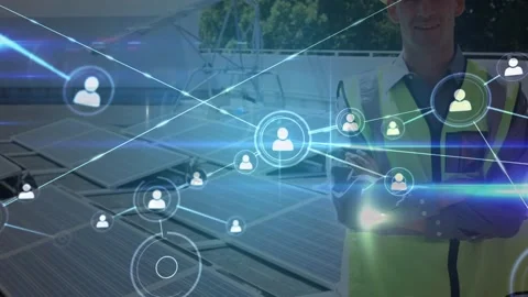Animation of network of profile icons over male engineer standing near solar Stock Footage 326035824