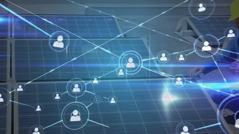Animation of network of profile icons over male engineer setting up solar panels Stock Footage 326191527