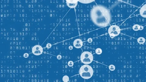 Animation of network of profile icons over binary coding data processing against Stock Footage 327061621