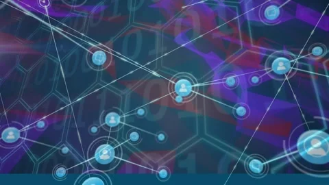 Animation of network of profile icons over hexagonal shape pattern design and Stock Footage 327273393
