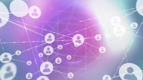 Animation of network of profile icons over abstract geometric shapes and Stock Footage 327360878