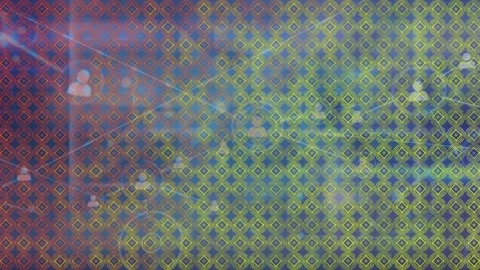 Animation of network of profile icons over abstract pattern design against blue Stock Footage 328466128