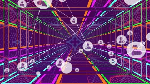 Animation of network of profile icons over colorful tunnel in seamless pattern Stock Footage 328523590