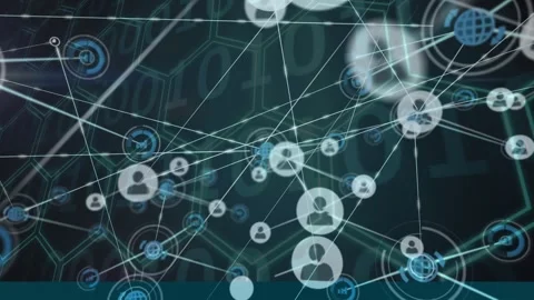 Animation of network of profile icons over hexagonal shape pattern design and Stock Footage 329516514