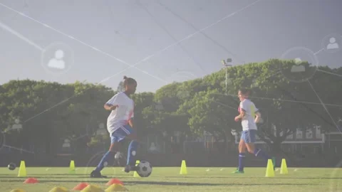 Animation of network of profile icons over diverse female soccer players Stock Footage 329698362