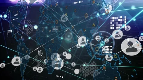 Animation of network of profile icons over data processing and world map on blue Stock Footage 329766483