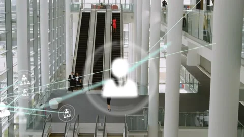 Animation of network of profile icons over aerial view of escalators at modern Stock Footage 330338718