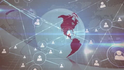 Animation of network of profile icons over spinning globe and world map against Stock Footage 330338896