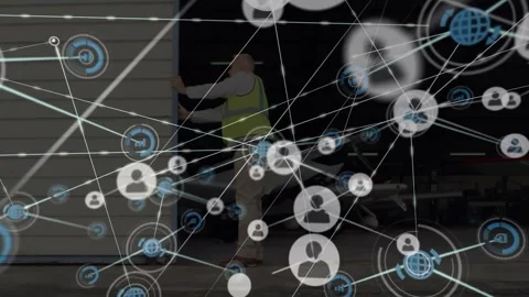 Animation of network of profile icons over male worker opening the parking gate Stock Footage 330590769