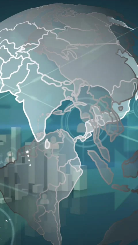 Animation of network of profile icons over spinning globe against 3d city model Stock Footage 343996528