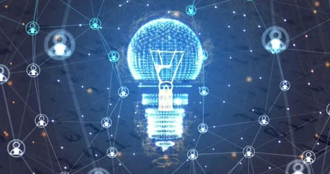 Animation of network of profile icons spinning over electric bulb against binary Stock Footage 330339018