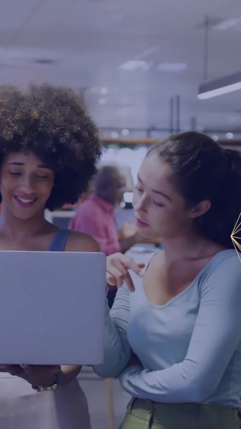 Animation of network of retail icons over diverse female colleagues using laptop Stock Footage 343739527