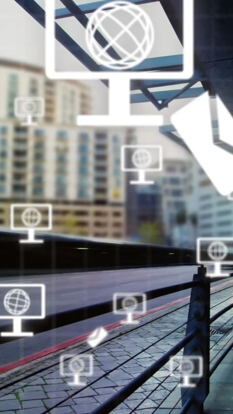 Animation of network of screen icons with globes over train platform Stock Footage 323899525