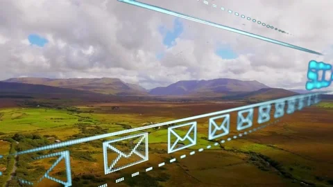 Animation of network text and mail icons over landscape and sky Stock Footage 157319649