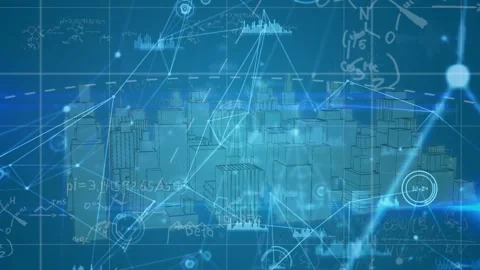Animation of networks of connections and data processing with 3d cityscape Stock Footage 326306677