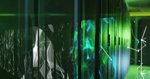 Animation of networks of connections over tech room with computer servers Stock Footage 328159813