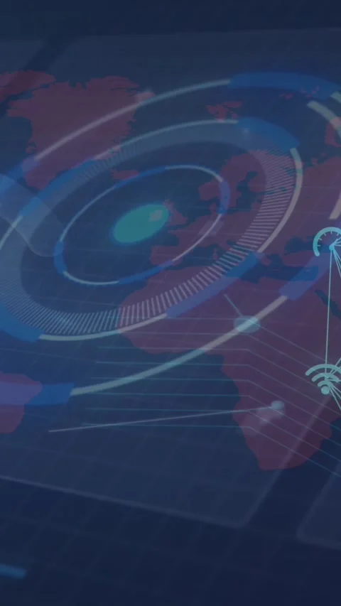 Animation of networks of connections, scope scanning over world map Stock Footage 344775197