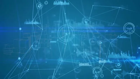 Animation of networks of connections with statistics processing over 3d Stock Footage 328410275