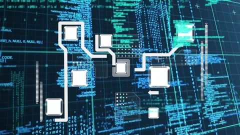 Animation of networks, data processing and binary coding over grid Stock Footage 329508445